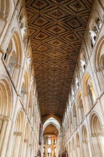 Interior of cathedral church, Peterborough, Cambridgeshire, England, UK looking up at ceiling and