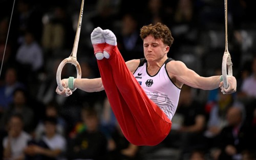 Alexander Kurz GER rings action gymnastics, EnBW DTB-Pokal, Porsche-Arena, Stuttgart,