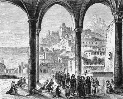 View from a basilica with colonnaded courtyard onto the coast of Amalfi on the Mediterranean,