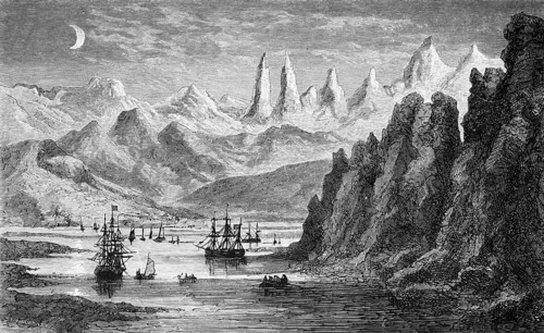 A fjord in the Lofoten at night, half moon, sailing ships, three-masters, rowing boats, mountain
