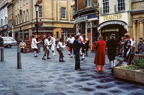 Morris dancers performing in Stall Street, Bath, Somerset, England, UK 1976 in front of the Tranter