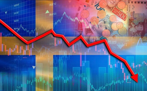 Sweden financial fall on economy market. Sweden financial crisis on economic graph