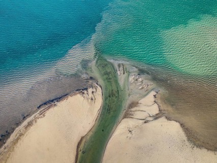 Aerial photograph, top down view of the Radolfzell Aach estuary with current lines, structures,