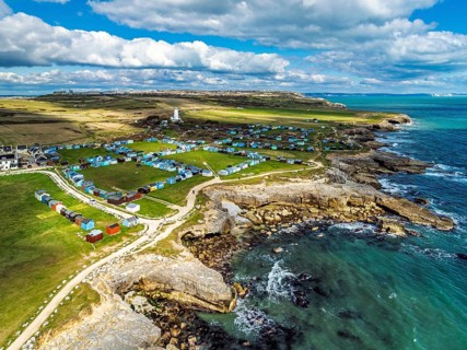 Portland Bird Observatory from a drone, Bill Lighthouse, Portland Bill, Isle of Portland, Dorset,