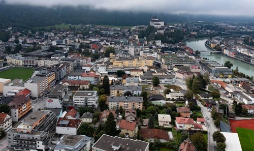 Drone image, residential buildings, city view, Kufstein, Tyrol, Austria, Europe
