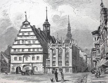 Market square and town hall of Greifswald, around 1900, Germany, reproduction of an original,