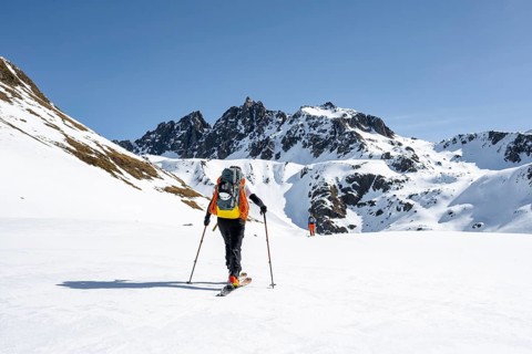 Ski tourers on the Graubünden Haute Route, Snow-covered mountains, Winter in the Albula Alps,
