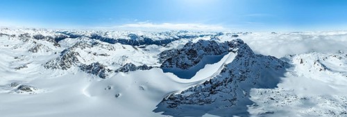 Alpine panorama, aerial view, mountain peak Piz Kesch and glacier Vadret da Porchabella, Albula