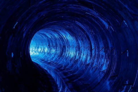 Blue illuminated Emscher sewer in front of commissioning, Oberhausen, Ruhr area, North