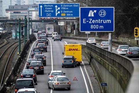 Traffic jam on the A40 motorway due to a rear-end collision in the right-hand lane, looking east,