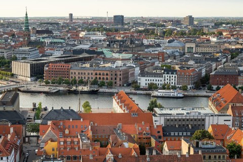 View from Vor Frelsers Kirke to Christianshavn district and city centre of Copenhagen, Copenhagen,