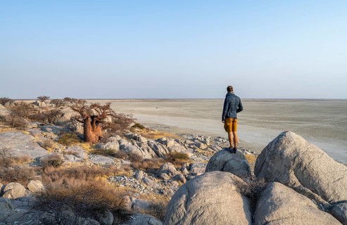 Tourist looking over the salt pan, African baobab or monkey bread tree (Adansonia digitata),