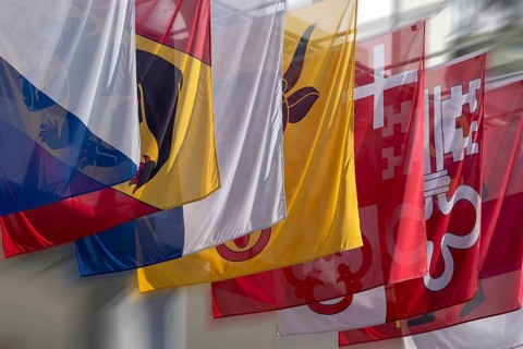 Symbolic photo of the cantonal flags of Zurich, Bern, Lucerne, Uri, Schwyz, Nidwalden, Glarus,