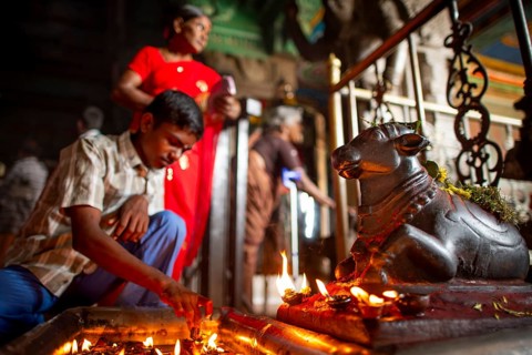Boy lighting candle in front of the bull Nandi, mount of God Shiva, Minakshi or Meenakshi or Sri