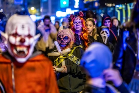 The Zombiewalk in Essen, on Halloween several hundred people, some dressed as scary zombies,