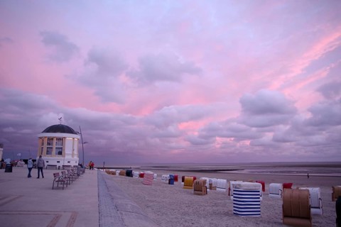 Borkum, pavilion, atmospheric, beach chairs, evening, clouds, pink, landscape, Lower Saxony,