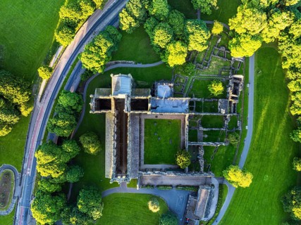 Top Down over Kirkstall Abbey from a drone, Kirkstall, River Aire, Leeds, West Yorkshire, England,