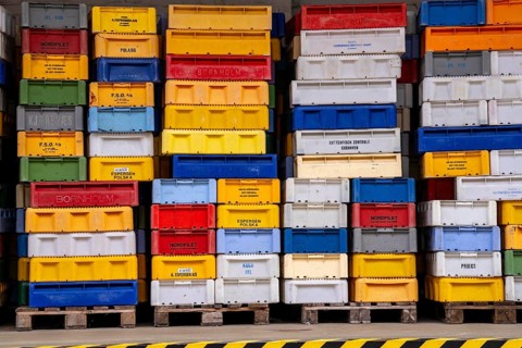 The town harbour of Sassnitz, island of Rügen, boxes of fish waiting for the new catch, at the