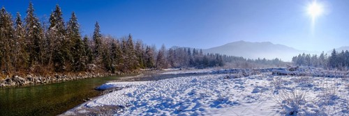 Isar in winter at the confluence of the Jachen, Tölzer Land, Upper Bavaria, Bavaria, Germany,