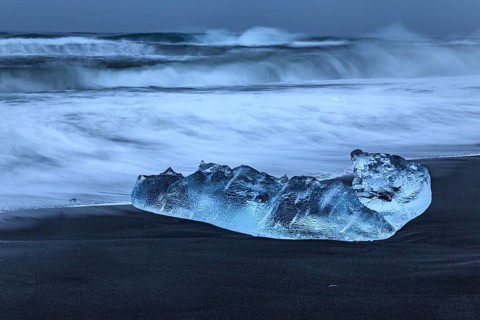 Ice floe, beach, sea, waves, clouds, Diamond Beach, Breidamerkursandur, Jökulsarlon, Iceland,
