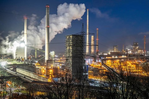 The Thyssenkrupp Steel steelworks in Duisburg-Marxloh, on the Rhine, quenching tower of the coking