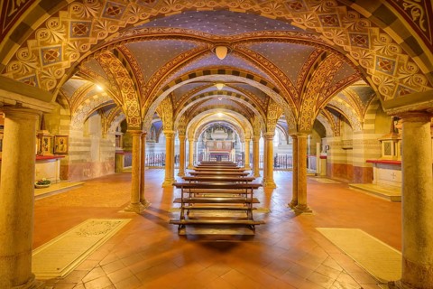 View of the main altar with the ark of St Marcellinus in the crypt, Cathedral of Santa Maria