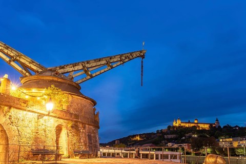 The Alter Kranen on the banks of the Main at dusk, Würzburg, Bavaria, Germany, Europe