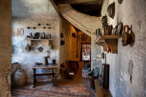 Kitchen in the historic Meersburg Castle, museum, sight, Lake Constance, Lake Constance district,