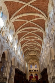 Vaulted roof ceiling interior of Buckfast abbey church, Buckfast Abbey, Devon. England, UK