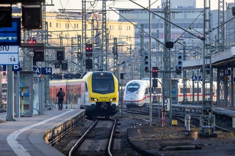 Stuttgart main station. Track apron with railway technology, ICE and regional train. Stuttgart,