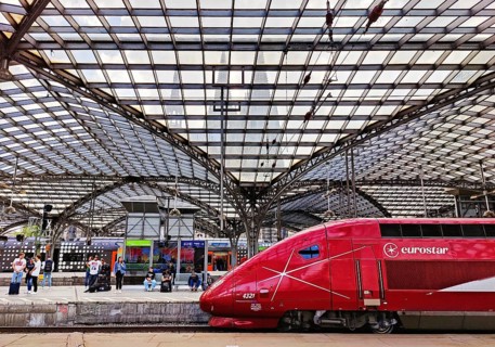 Cologne Central Station with Eurostar high-speed train and view of the cathedral, Cologne,