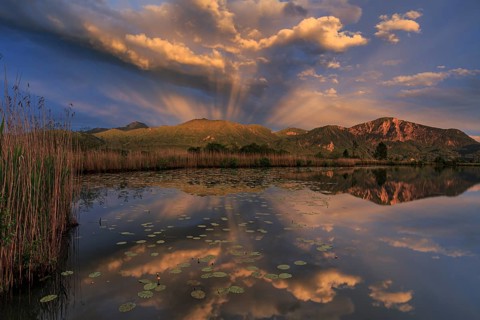 Mountains reflected in lake, cloudy mood, evening light, Kochler mountains, Loisach-Lake Kochel