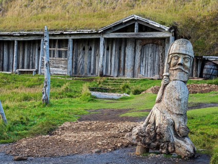 House in viking village, rebuild viking houses at Stokksnes, east of Höfn, East Fjords, Iceland,
