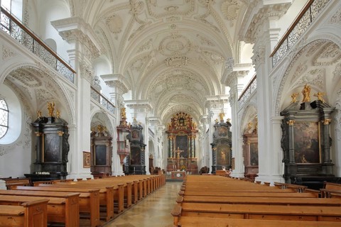 Interior view of the baroque castle church, paintings, decorations, ornaments, fresco,