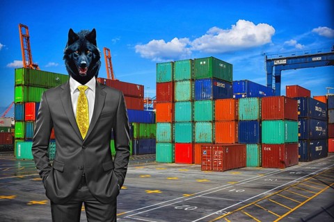 Symbolic image, wolf in a suit, industry, economy critical, exploitation, stress, trade union,