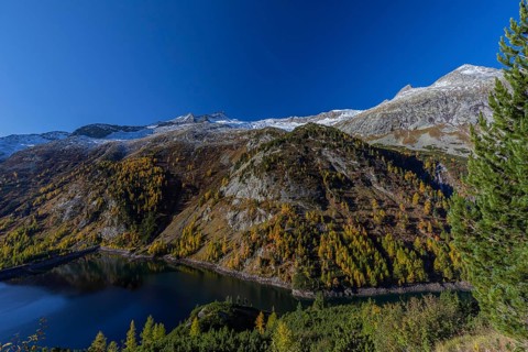 The Galgenbichl reservoir with a mountain forest in fall foliage on a bright sunny morning. Seen
