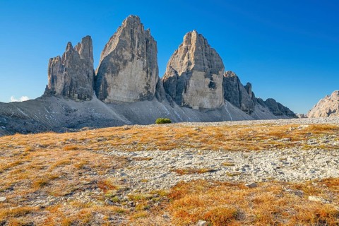 Three Peaks in autumn, blue sky, Sesto Dolomites, South Tyrol, Italy, Europe