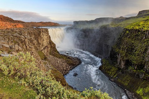 Large waterfall in a gorge, spray, rapids, summer, midnight sun, Dettifoss, North Iceland, Iceland,