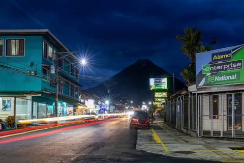 Road with view of the Arenal Volcano, Blue Hour, La Fortuna, Guanacaste, Costa Rica, Central