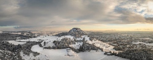 Aerial view, panorama of the snow-covered Hegau volcano Hohentwiel with Germany's largest castle