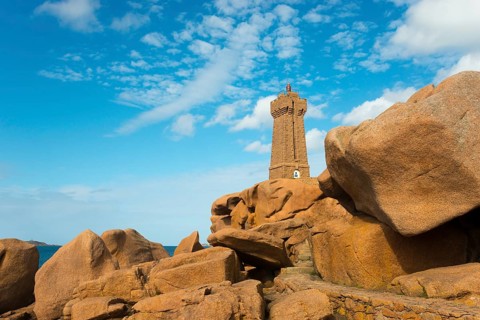Lighthouse integrated into a landscape of gigantic rocks, Phare de Men Ruz, Ploumanac'h,