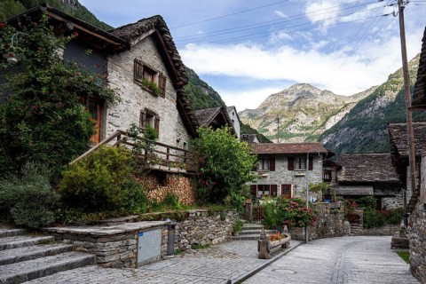 Typical Ticino stone houses in the village of Sonogno, Verzasca Valley, Valle Verzasca, Canton
