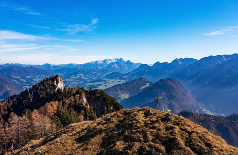 Drone shot, view from Schwarzer Berg to Gschirrwand Lammertal and Dachstein massif, Golling,
