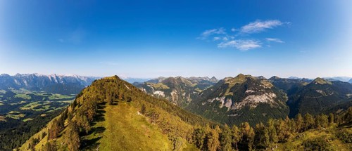 Drone shot, summit of the Einberg with a view of the Lammertal and Tennengebirge mountains,