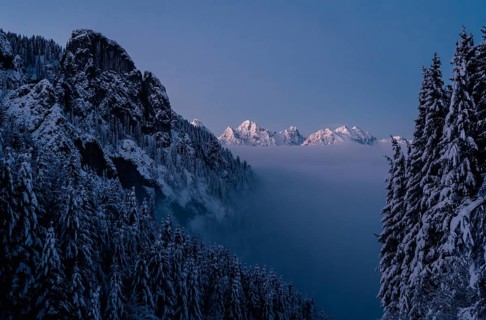 Sunrise snow tour on the Tegelberg in the Allgäu in Bavaria. Winter Wonder Land, Germany, Europe