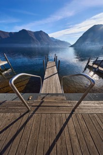 Jetty, wooden planks, stainless steel railing, bird's eye view, lake, jetty, mountain landscape,