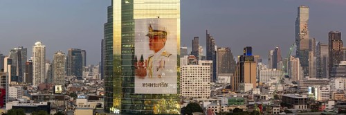 Panorama from the viewing platform of the Iconsiam on CAT Tower with huge billboard of the Thai