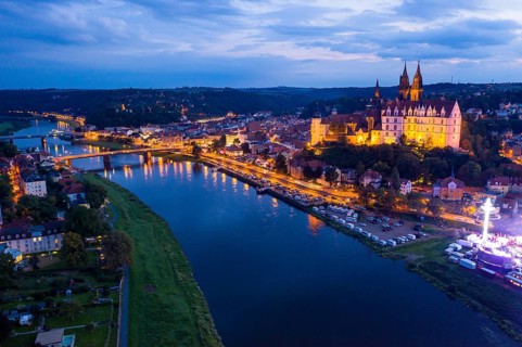 Old town with Elbe, Albrechtsburg and cathedral, night shot from above, Meissen, Saxony, Germany,