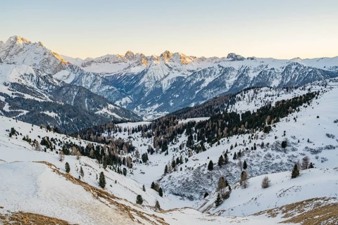 Beautiful landscape of the Mountain silhouettes of the Sexten Dolomites on a sunny winter day,
