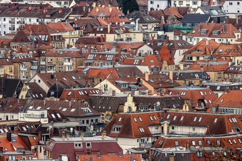 View from the Karlshöhe of the buildings and roofs of the densely populated city. Stuttgart,